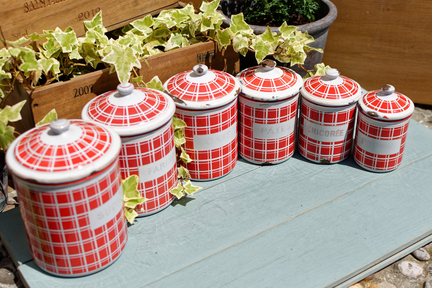 French Enamel Canister Set in Red plaid BB Frères