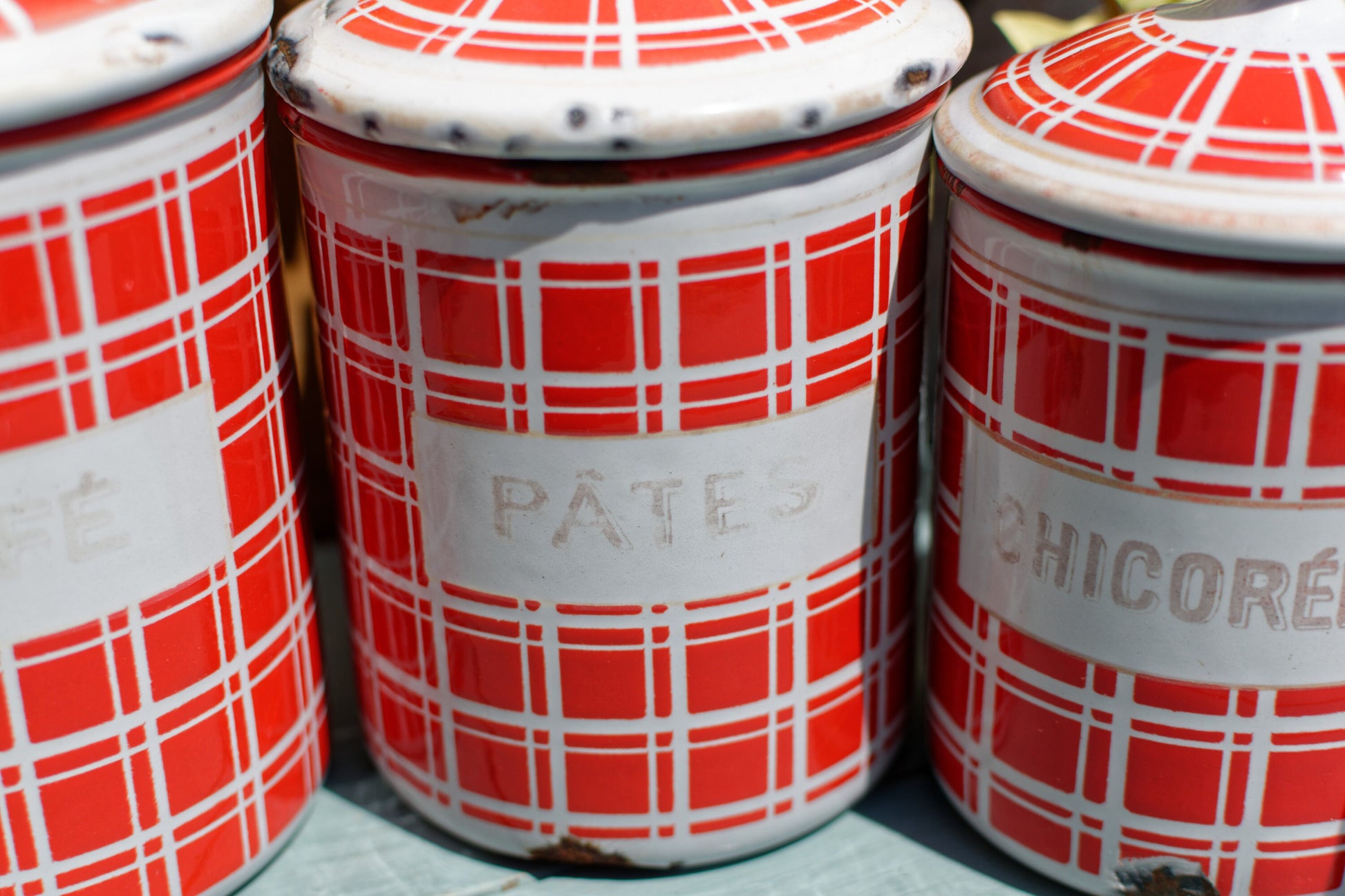 French Enamel Canister Set in Red plaid BB Frères