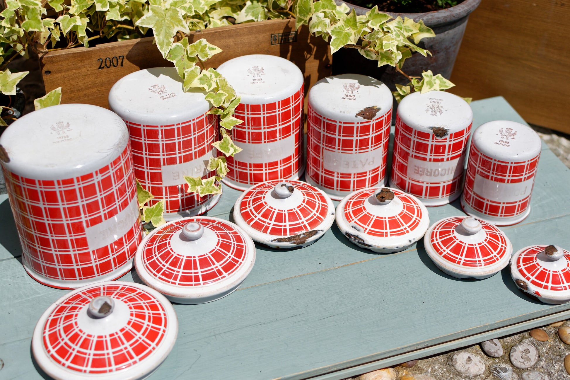 French Enamel Canister Set in Red plaid BB Frères