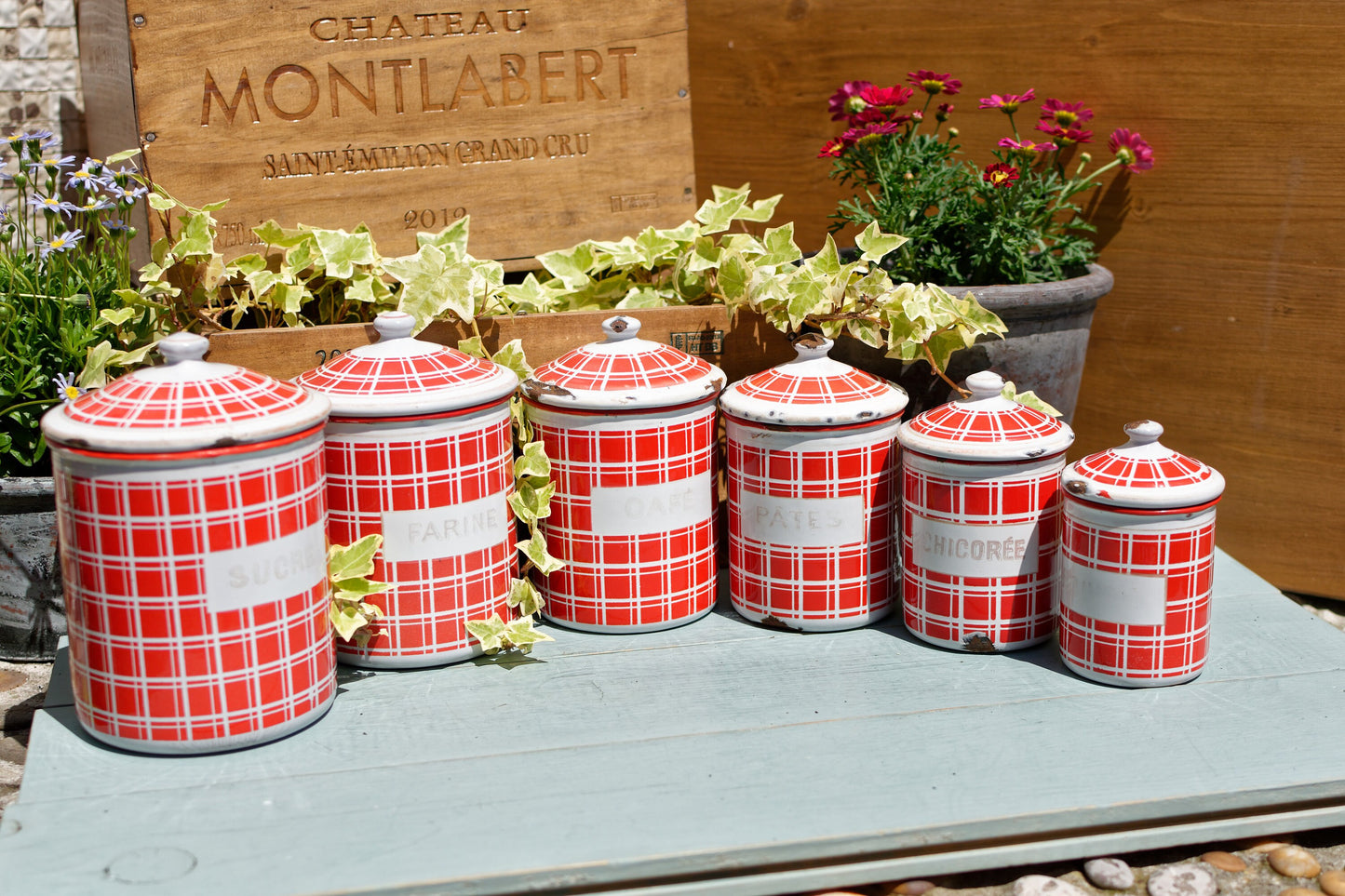 French Enamel Canister Set in Red plaid BB Frères