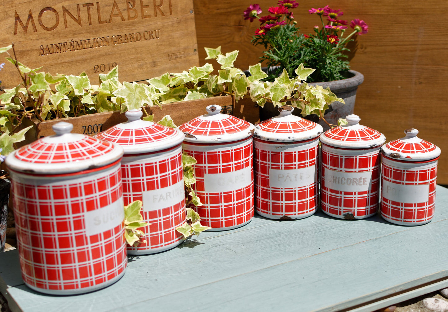 French Enamel Canister Set in Red plaid BB Frères