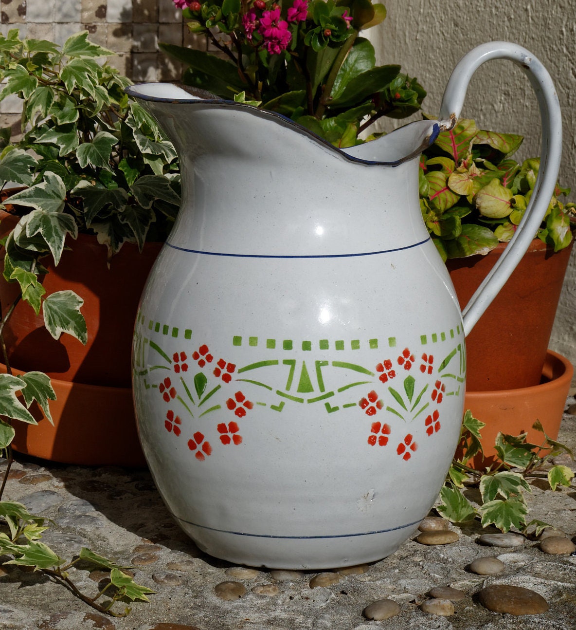 French Enamel Floral Pitcher