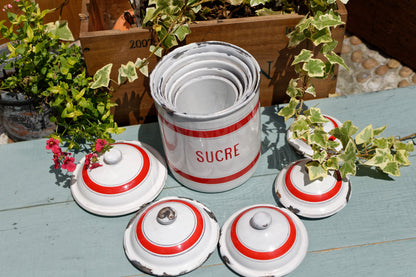 French Enamel stackable kitchen cannisters nesting pots