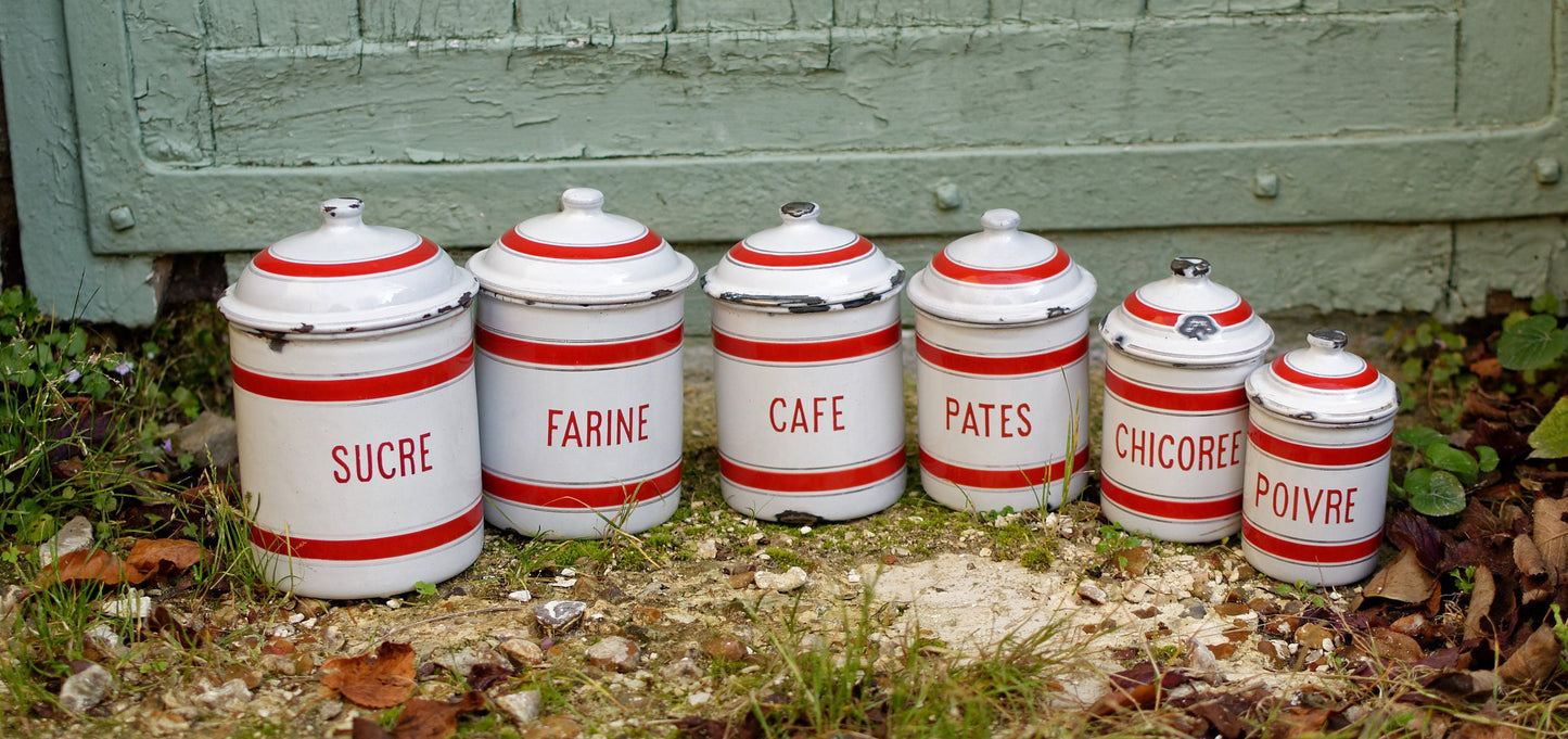 French Enamel stackable kitchen cannisters nesting pots