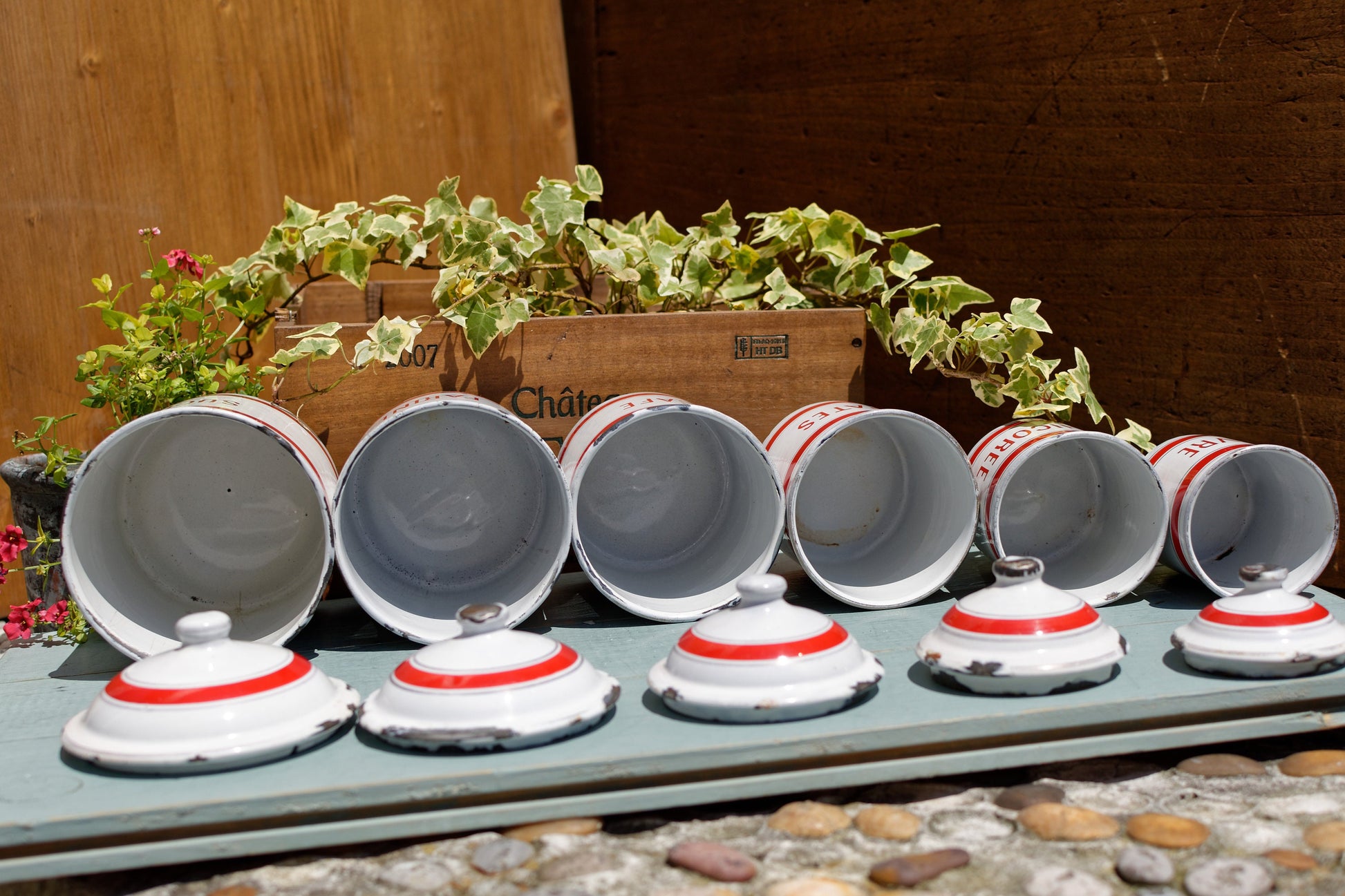 French Enamel stackable kitchen cannisters nesting pots