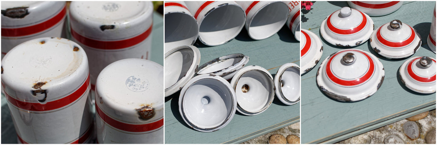 French Enamel stackable kitchen cannisters nesting pots