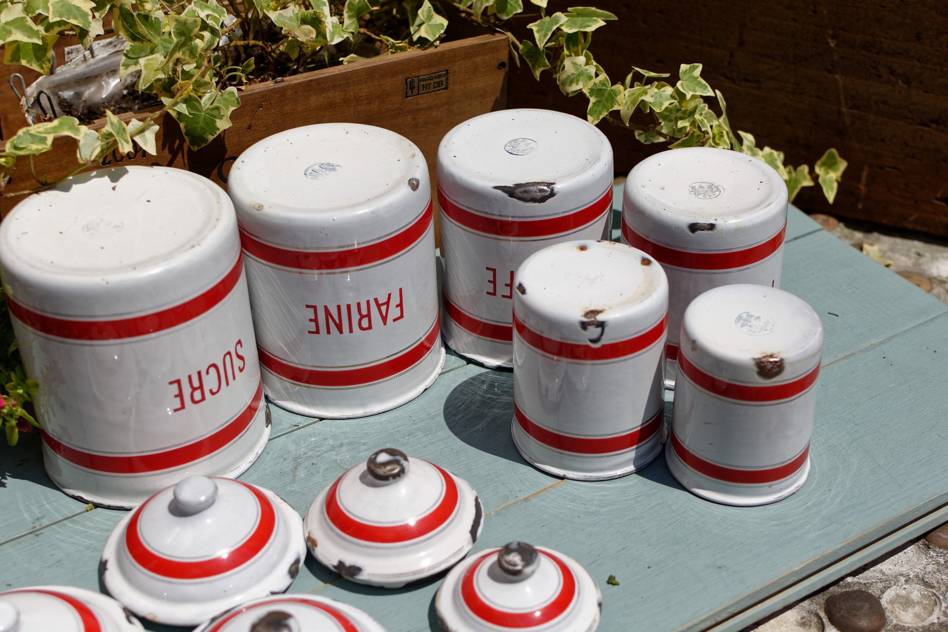 French Enamel stackable kitchen cannisters nesting potsFrench Enamel stackable kitchen cannisters nesting pots