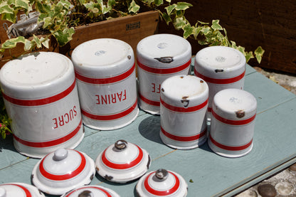 French Enamel stackable kitchen cannisters nesting potsFrench Enamel stackable kitchen cannisters nesting pots