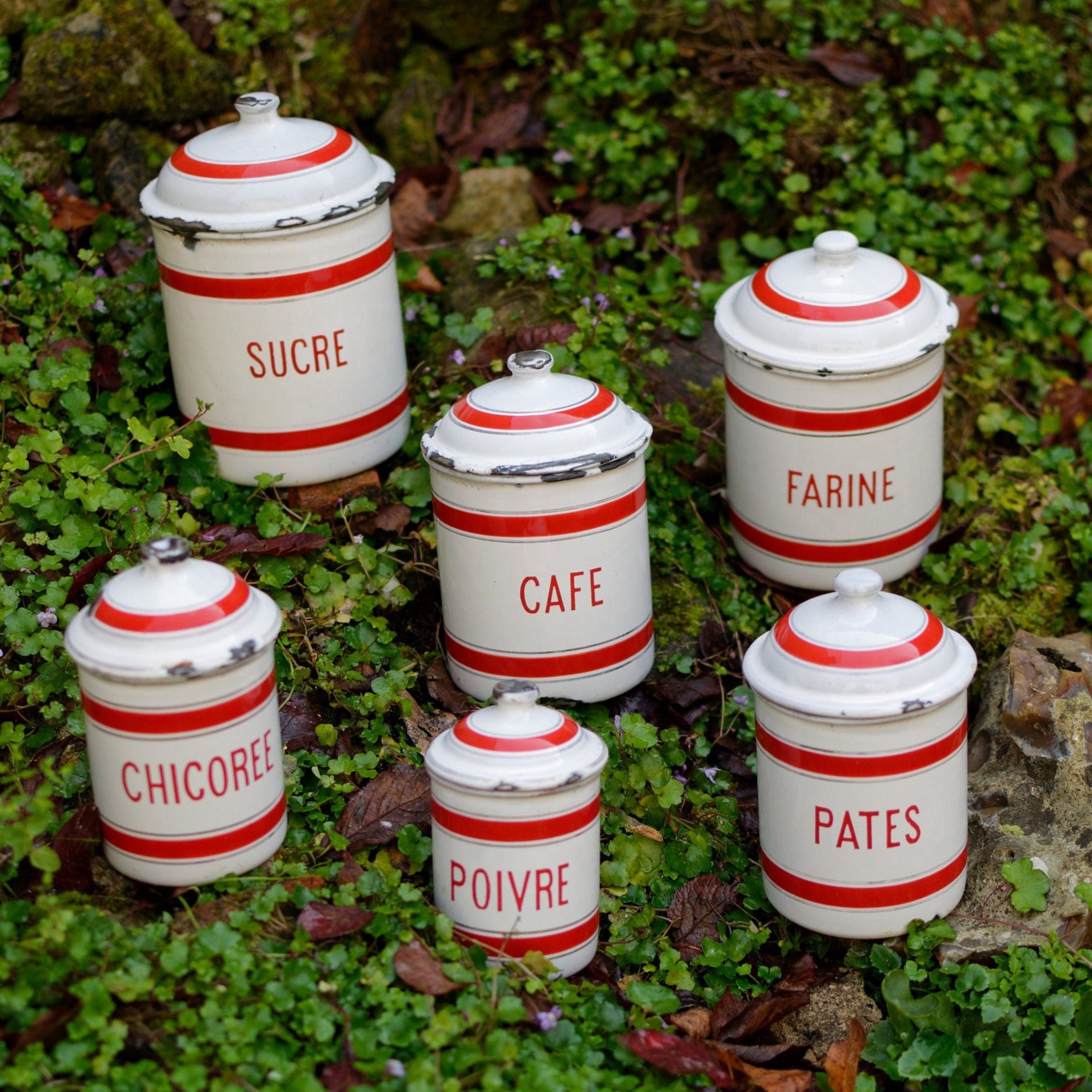 French Enamel stackable kitchen cannisters nesting pots