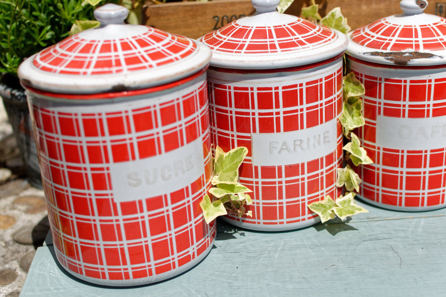 French Enamel Canister Set in Red plaid BB Frères