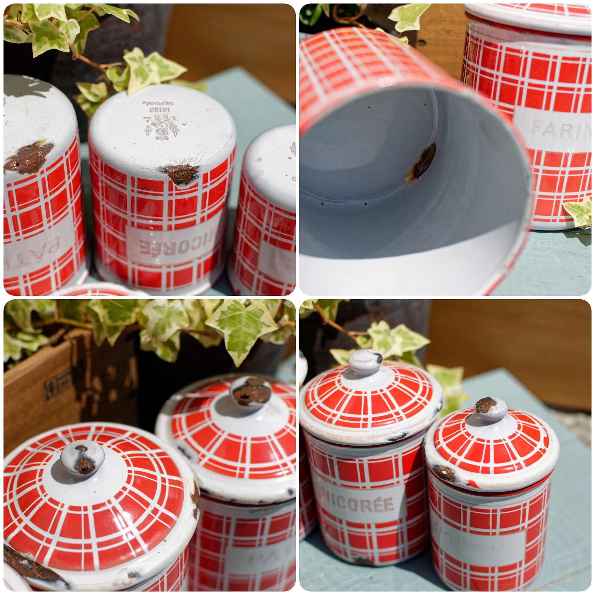Set of Three Enamelware Canisters in a Red Swirl Pattern, c Set of Three Enamelware Canisters in a Red Swirl Pattern, c