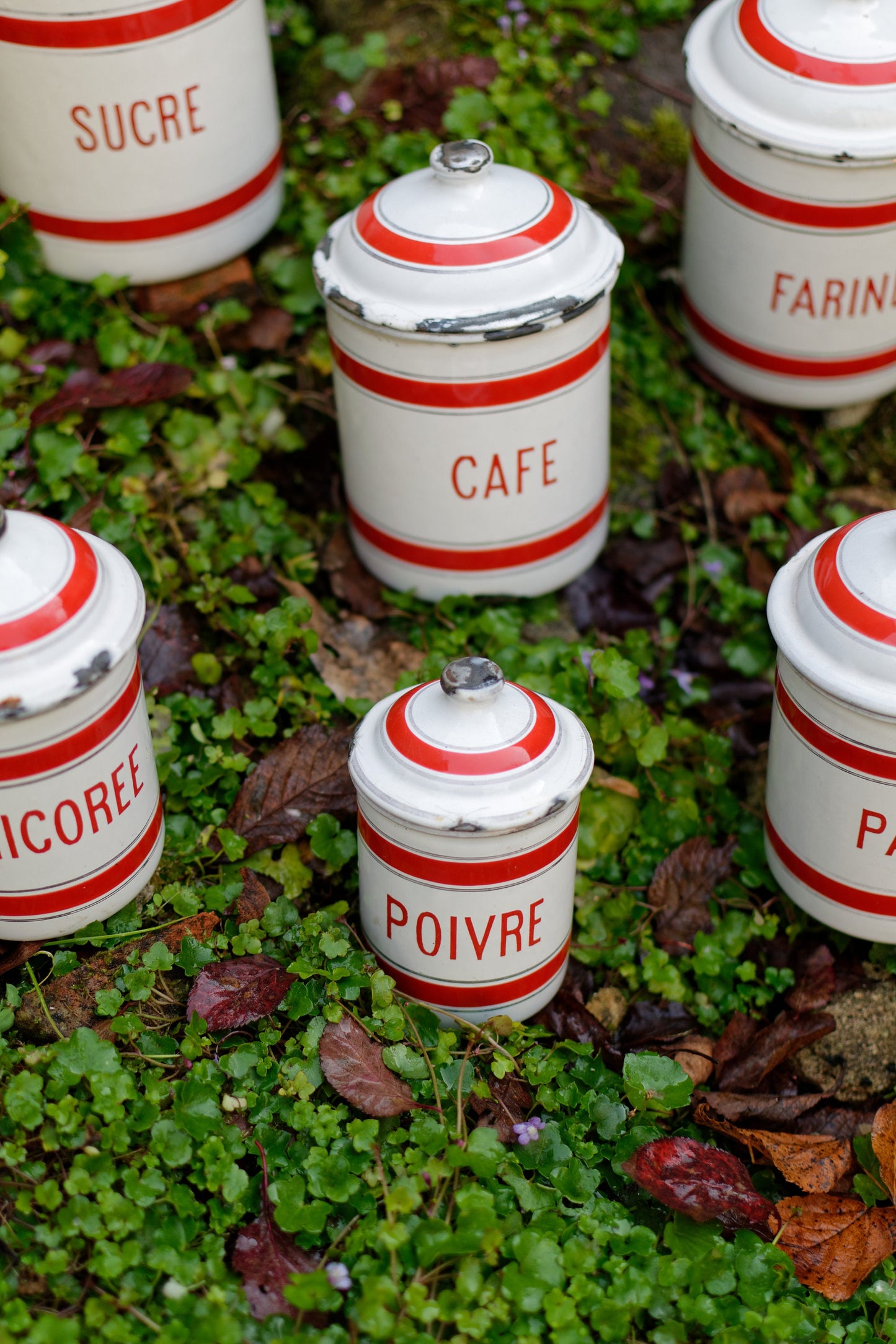 French Enamel stackable kitchen cannisters nesting pots