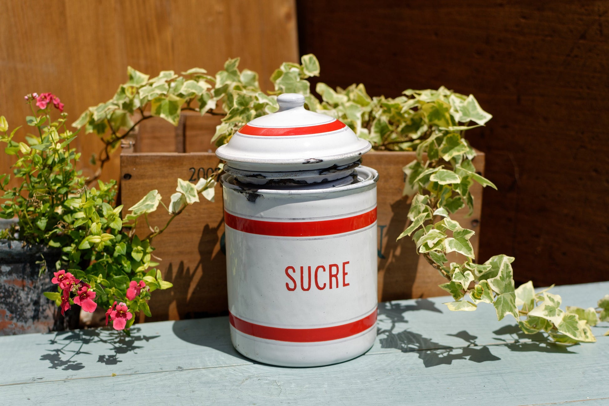 French Enamel stackable kitchen cannisters nesting pots