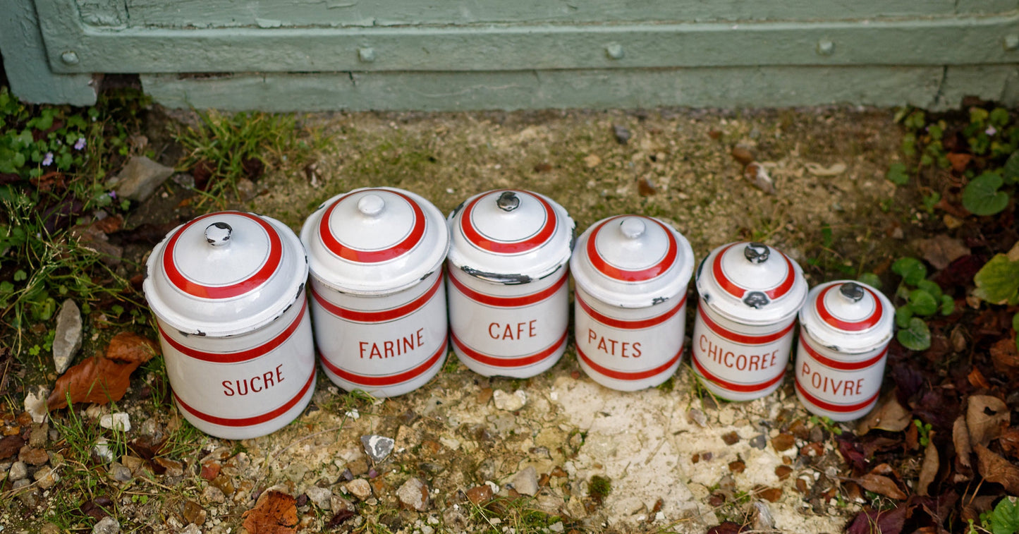 French Enamel stackable kitchen cannisters nesting pots