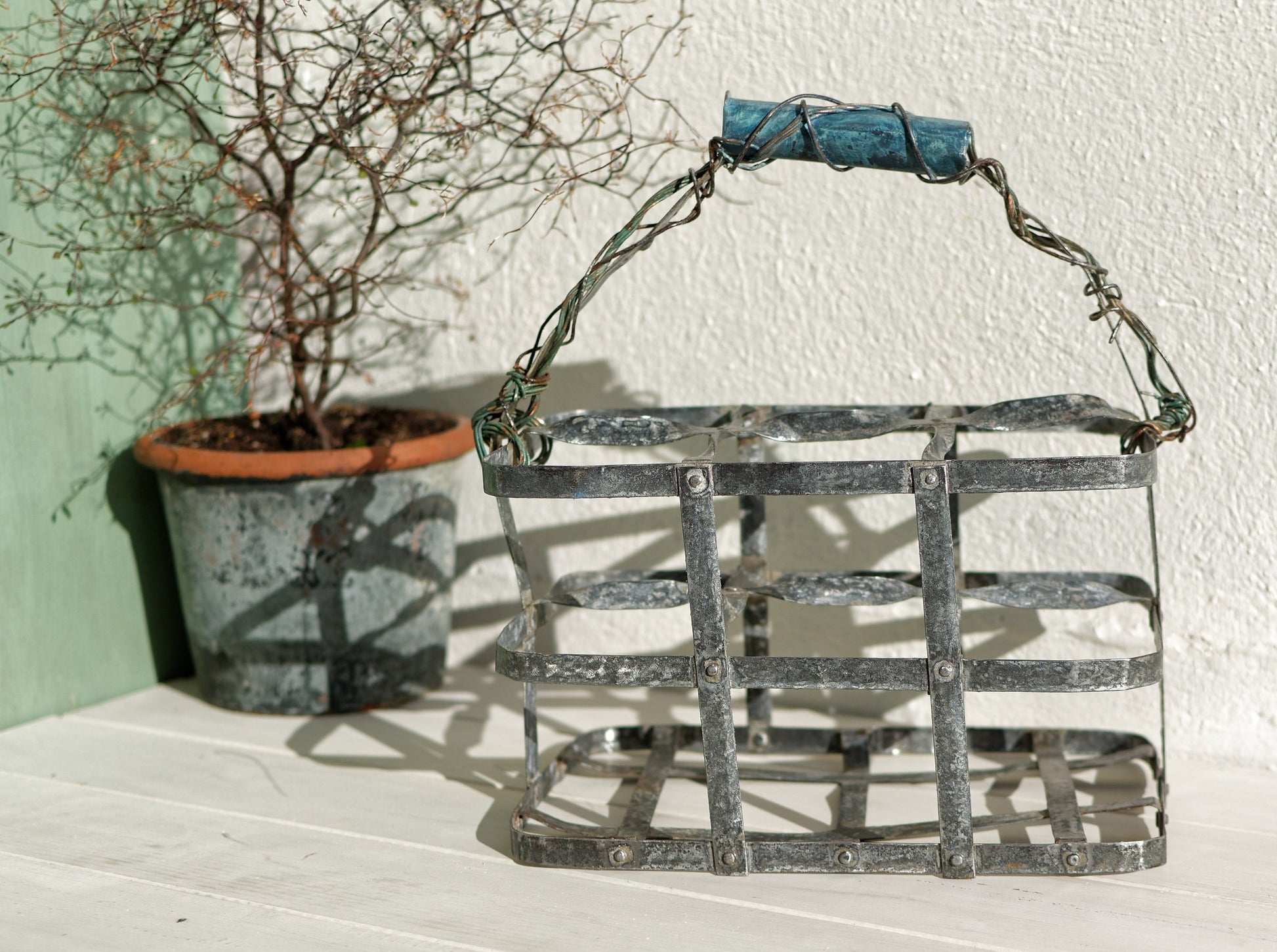 French Antique Galvanized Zinc Bottle Carrier Caddy 6 bottle