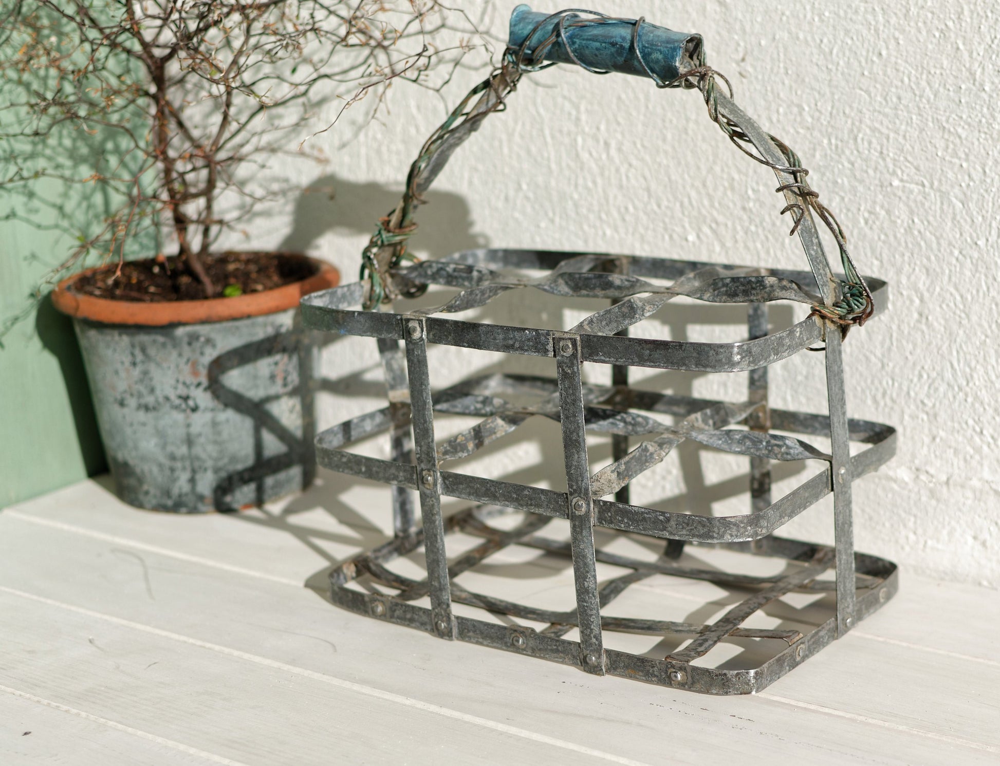 French Antique Galvanized Zinc Bottle Carrier Caddy 6 bottle