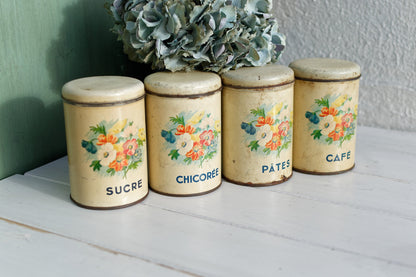 French Antique Aluminum Storage Canisters Spice Jars FerEmbal Sucre Chicoree Pates Cafe