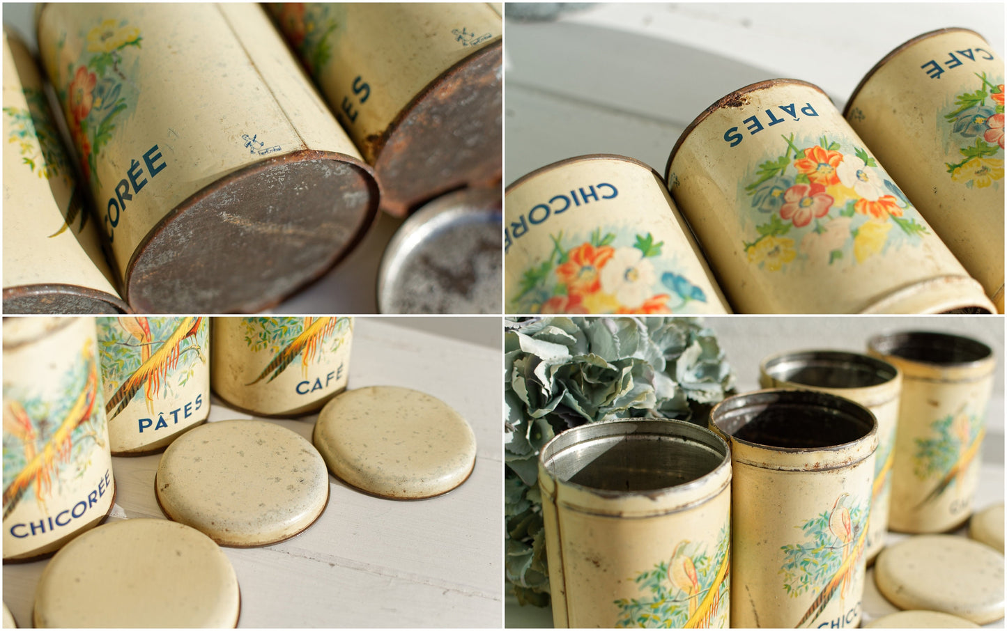 French Antique Aluminum Storage Canisters Spice Jars FerEmbal Sucre Chicoree Pates Cafe