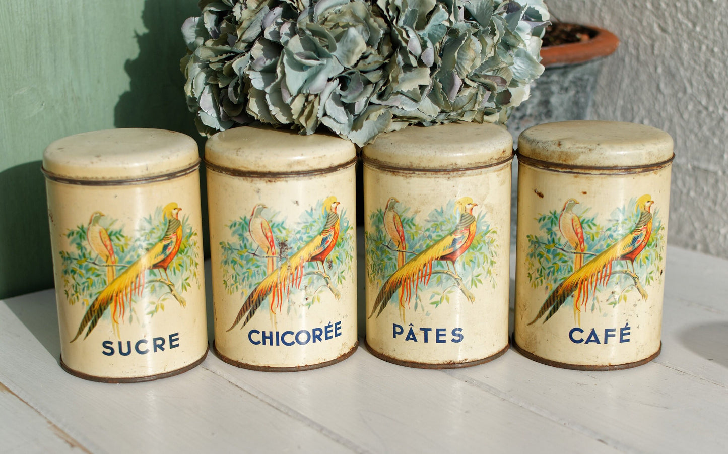 French Antique Aluminum Storage Canisters Spice Jars FerEmbal Sucre Chicoree Pates Cafe