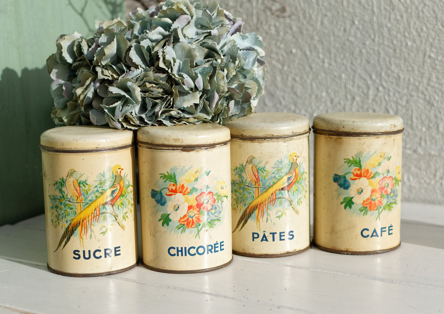 French Antique Aluminum Storage Canisters Spice Jars FerEmbal Sucre Chicoree Pates Cafe