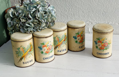 French Antique Aluminum Storage Canisters Spice Jars FerEmbal Sucre Chicoree Pates Cafe