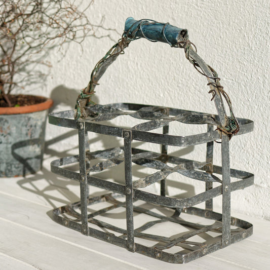 French Antique Galvanized Zinc Bottle Carrier Caddy 6 bottle