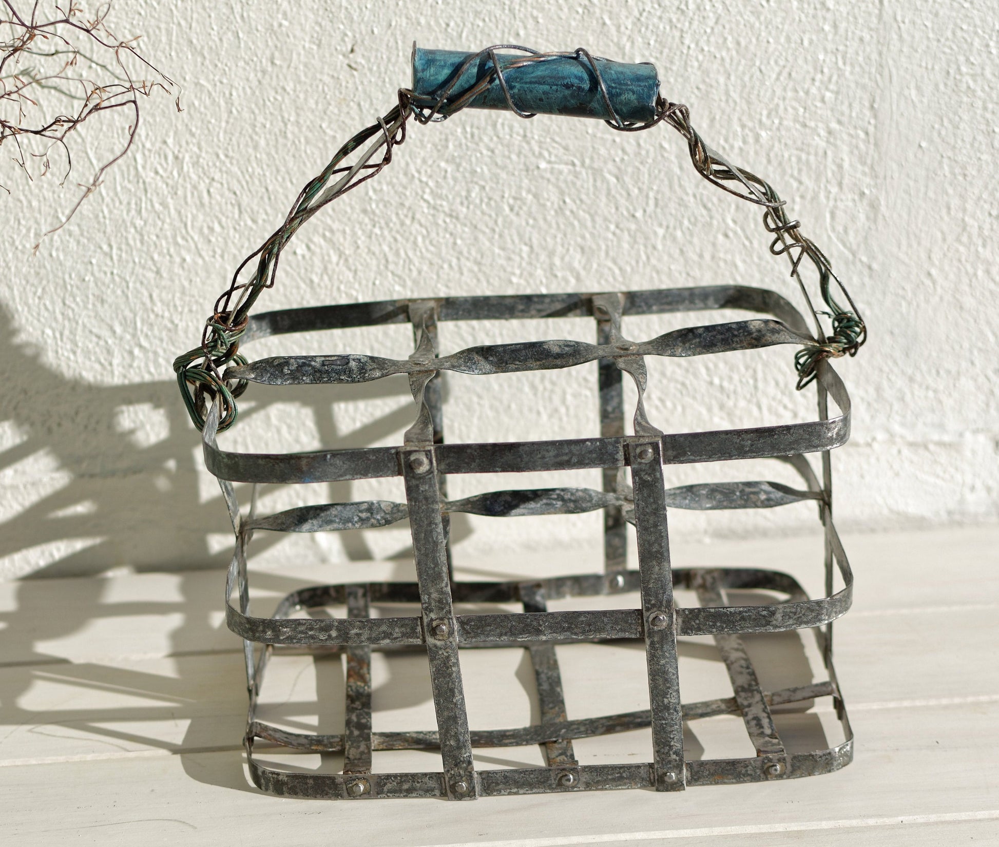 French Antique Galvanized Zinc Bottle Carrier Caddy 6 bottle