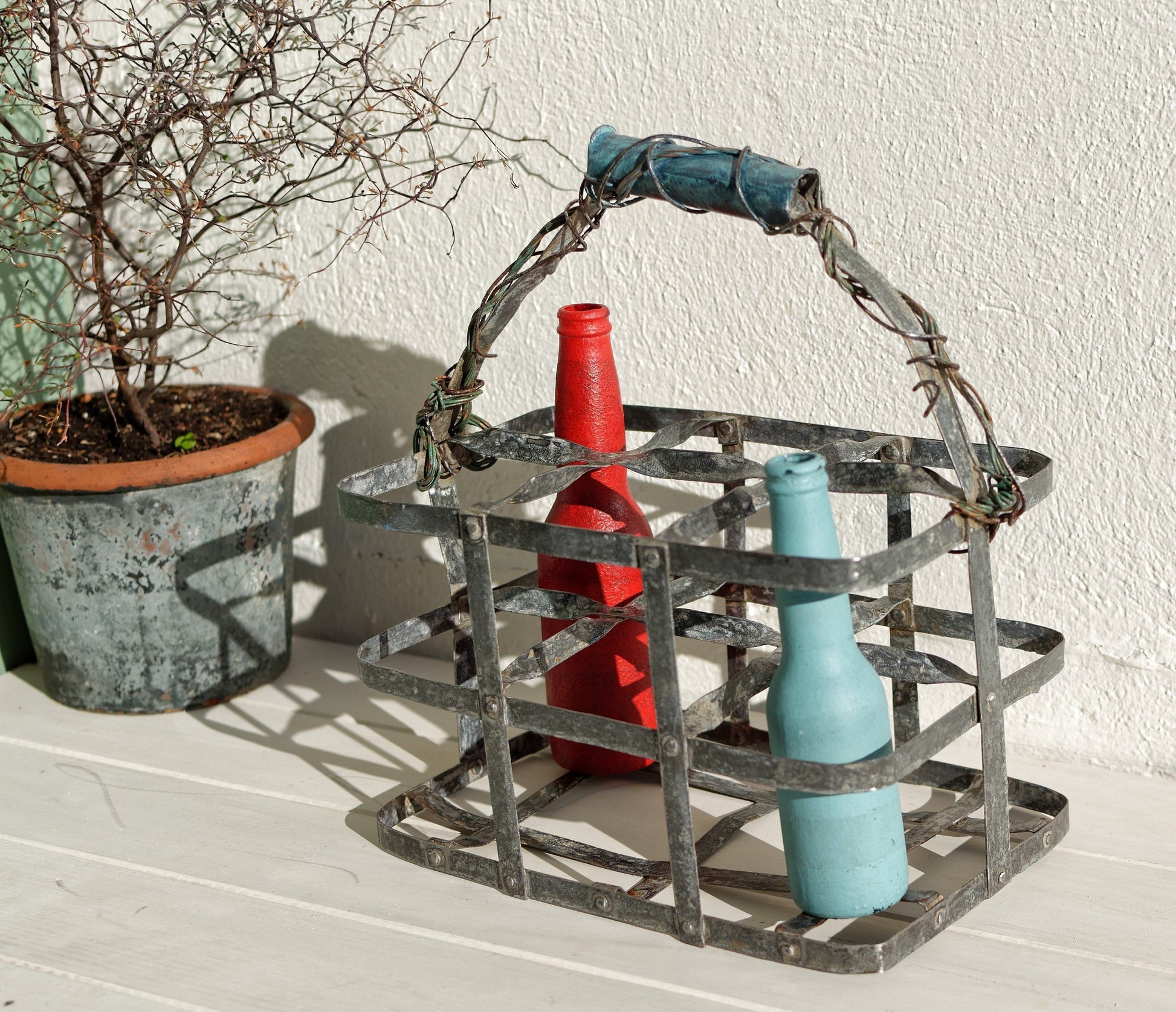 French Antique Galvanized Zinc Bottle Carrier Caddy 6 bottle