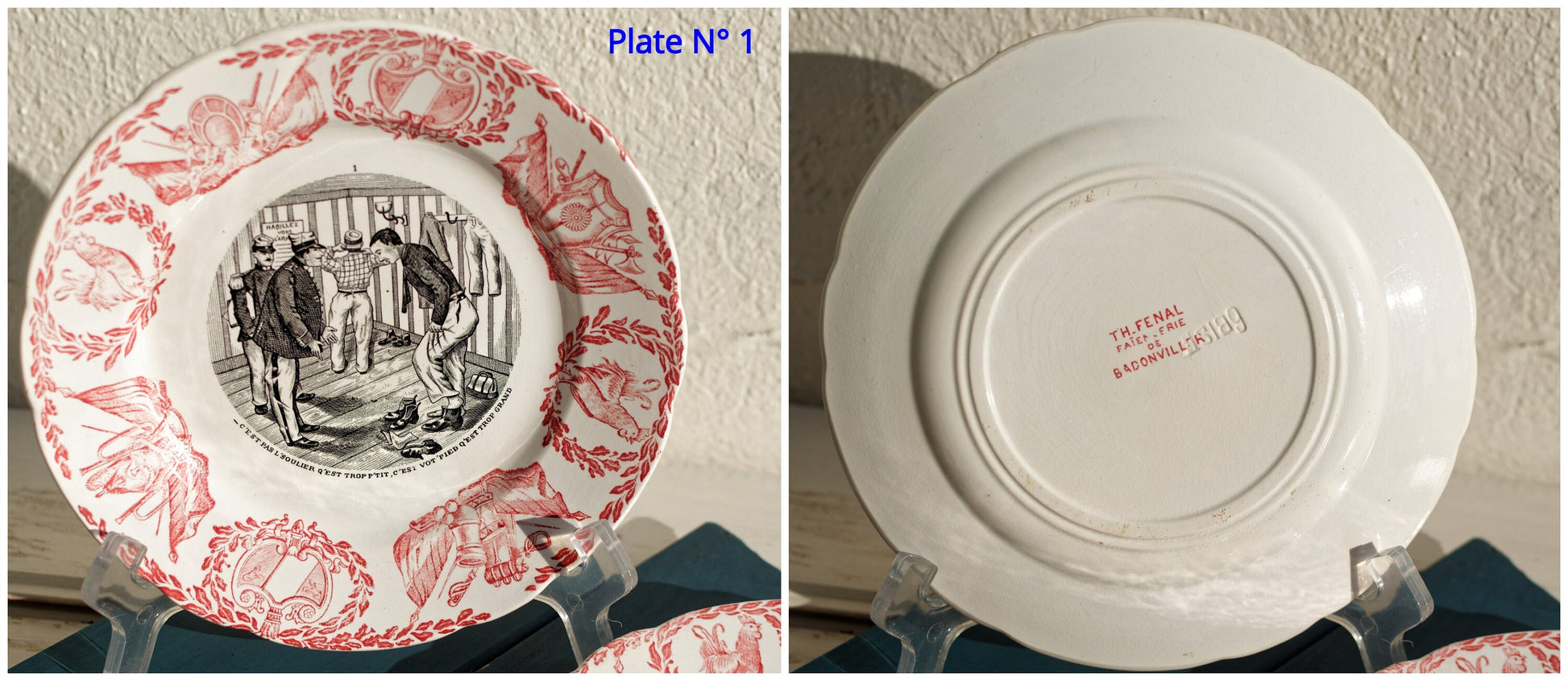 French Ironstone Talking plate Militaires Casernes Fénal Faiencerie de Badonviller terre de fer