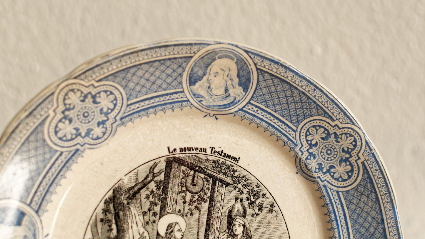 French Ironstone Talking Plate Le Nouveau Testament OPAQUE de Sarreguemines Terre de Fer