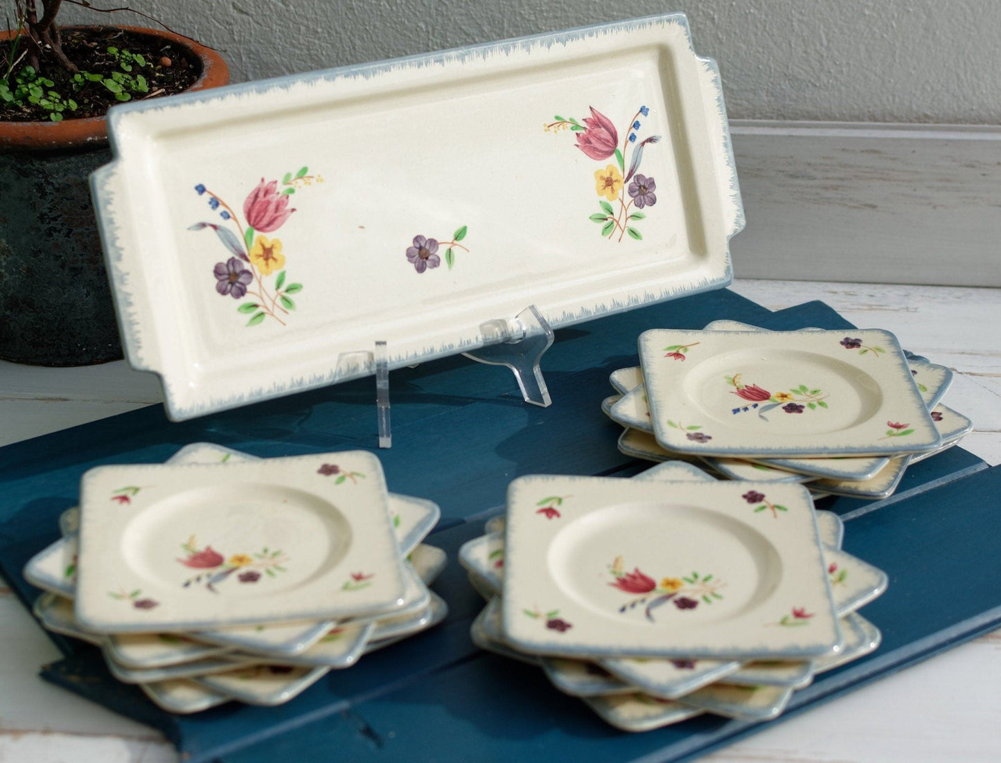 French Antique Hand-Painted Ironstone Cake Service DARWIN Frères Fenal Pexonne Peint a la main Terre de Fer