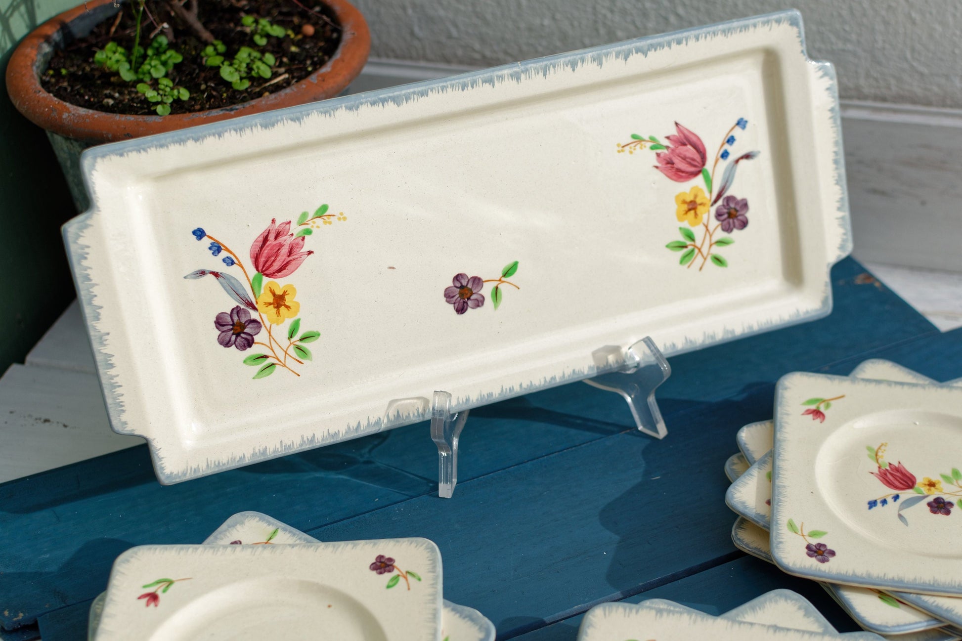 French Antique Hand-Painted Ironstone Cake Service DARWIN Frères Fenal Pexonne Peint a la main Terre de Fer