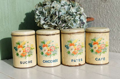 French Antique Aluminum Storage Canisters Spice Jars FerEmbal Sucre Chicoree Pates Cafe