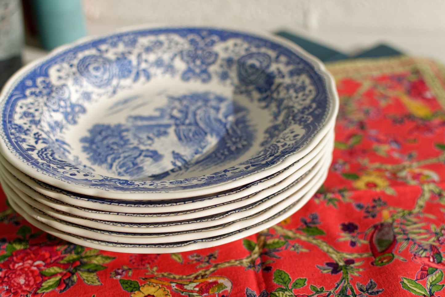 French German Ironstone Blue Soup Plate Villeroy & Boch Mettlach, Made in Germany SEIT 1809 Mettlacher Kupfertuck Unterglasur Burgenland