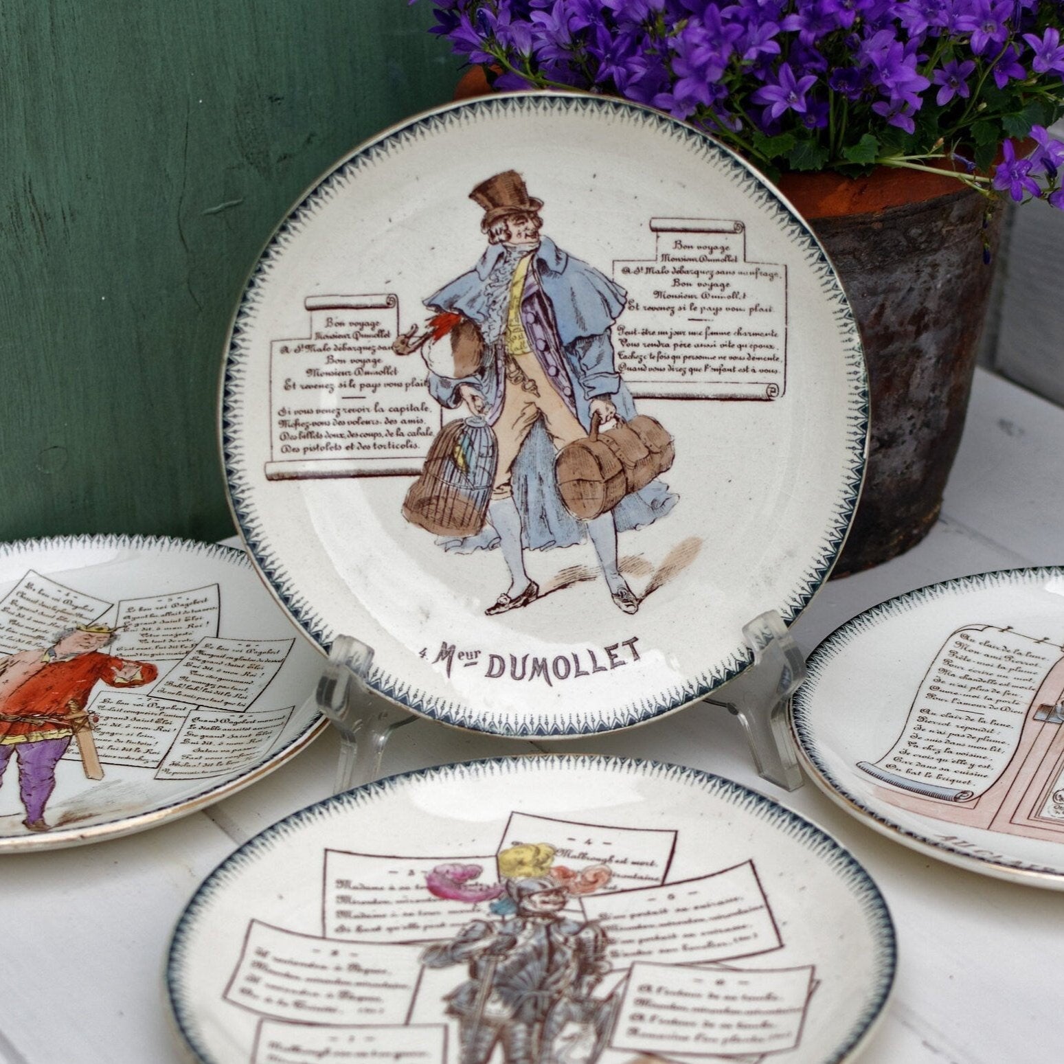 Vintage store French/talking plates with rebus/faience Creil et Montereau/lot of 5/decor transfer black and green/proverb and quotes/1800