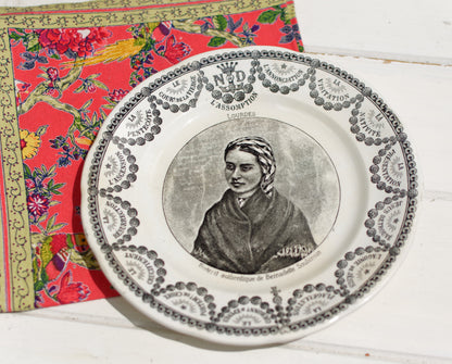 French Ironstone Talking Plate L'Assomption LOURDES Digoin Sarreguemines terre de fer