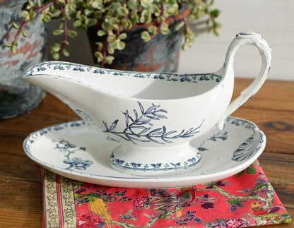 French Ironstone Blue Transferware Gravy Boat Sauciere Carmen Sarreguemines Terre de Fer