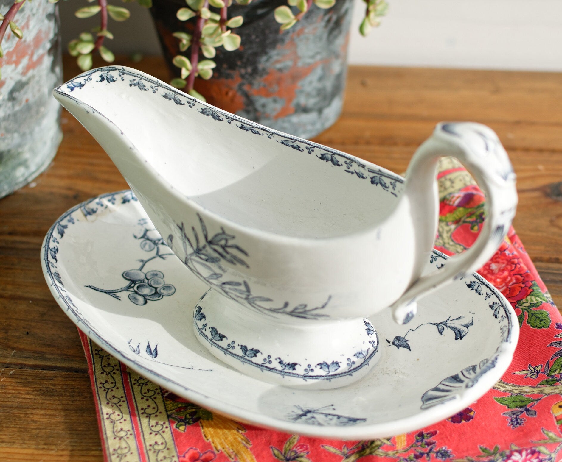 French Ironstone Blue Transferware Gravy Boat Sauciere Carmen Sarreguemines Terre de Fer