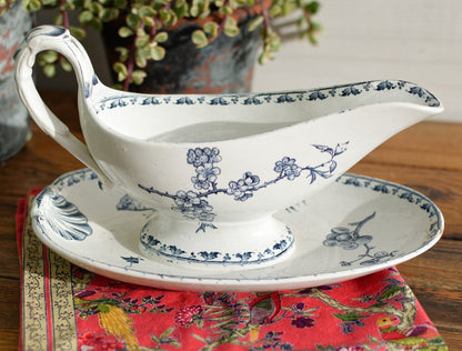 French Ironstone Blue Transferware Gravy Boat Sauciere Carmen Sarreguemines Terre de Fer