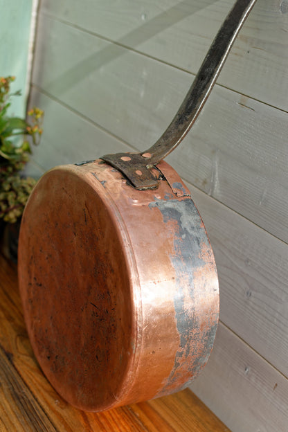 French Antique Handmade Collectible COPPER Roasting Saucepan Skillet Large Cast Iron Handle Riveted Pan