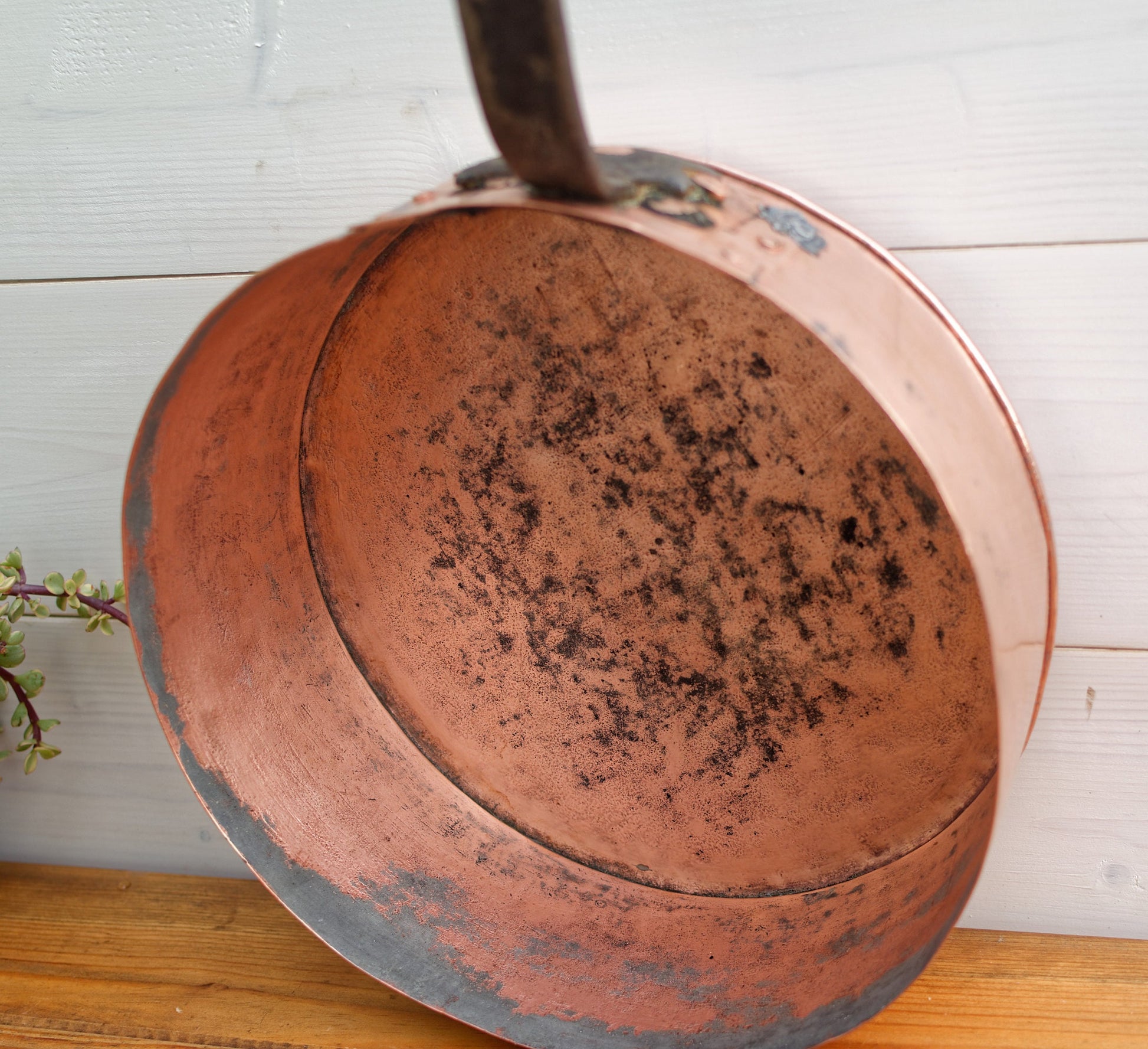 French Antique Handmade Collectible COPPER Roasting Saucepan Skillet Large Cast Iron Handle Riveted Pan