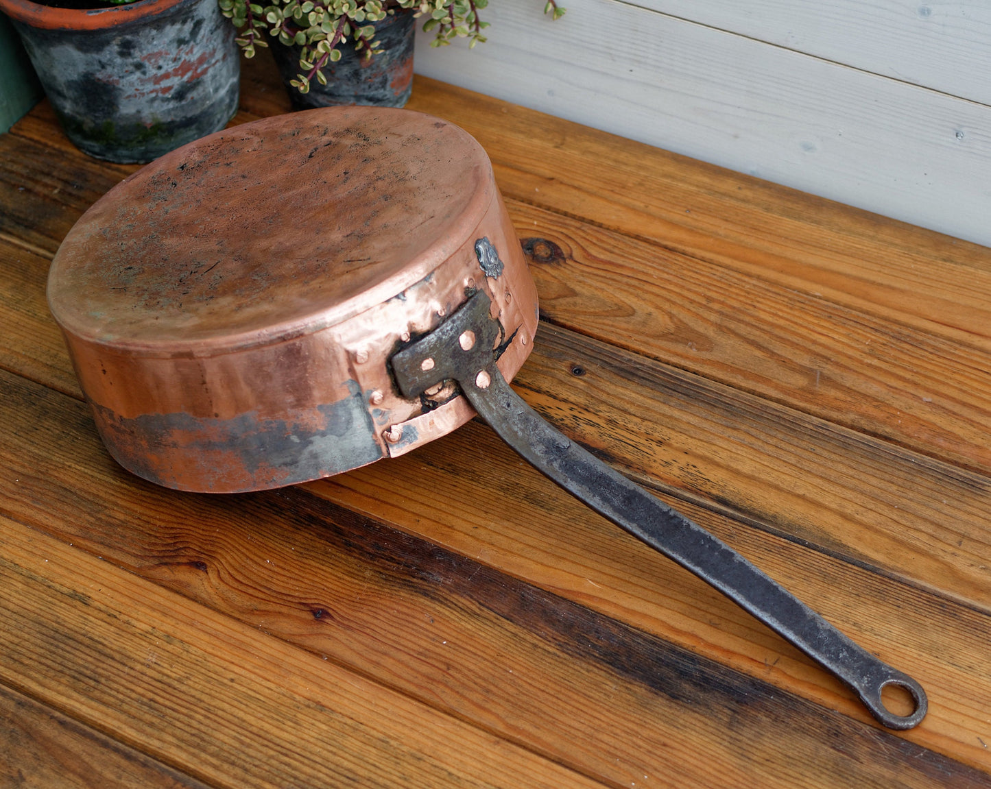 French Antique Handmade Collectible COPPER Roasting Saucepan Skillet Large Cast Iron Handle Riveted Pan