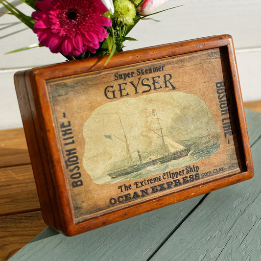 Vintage Wooden Decorative Keepsake Box Super Steamer Geyser Boston Line The Extreme Clipper ship Ocean Express