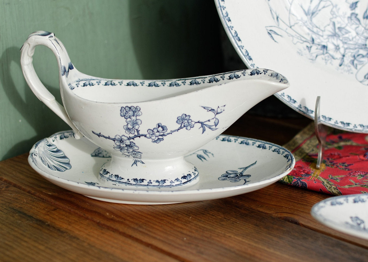 French Ironstone Blue Transferware Gravy Boat Sauciere Carmen Sarreguemines Terre de Fer