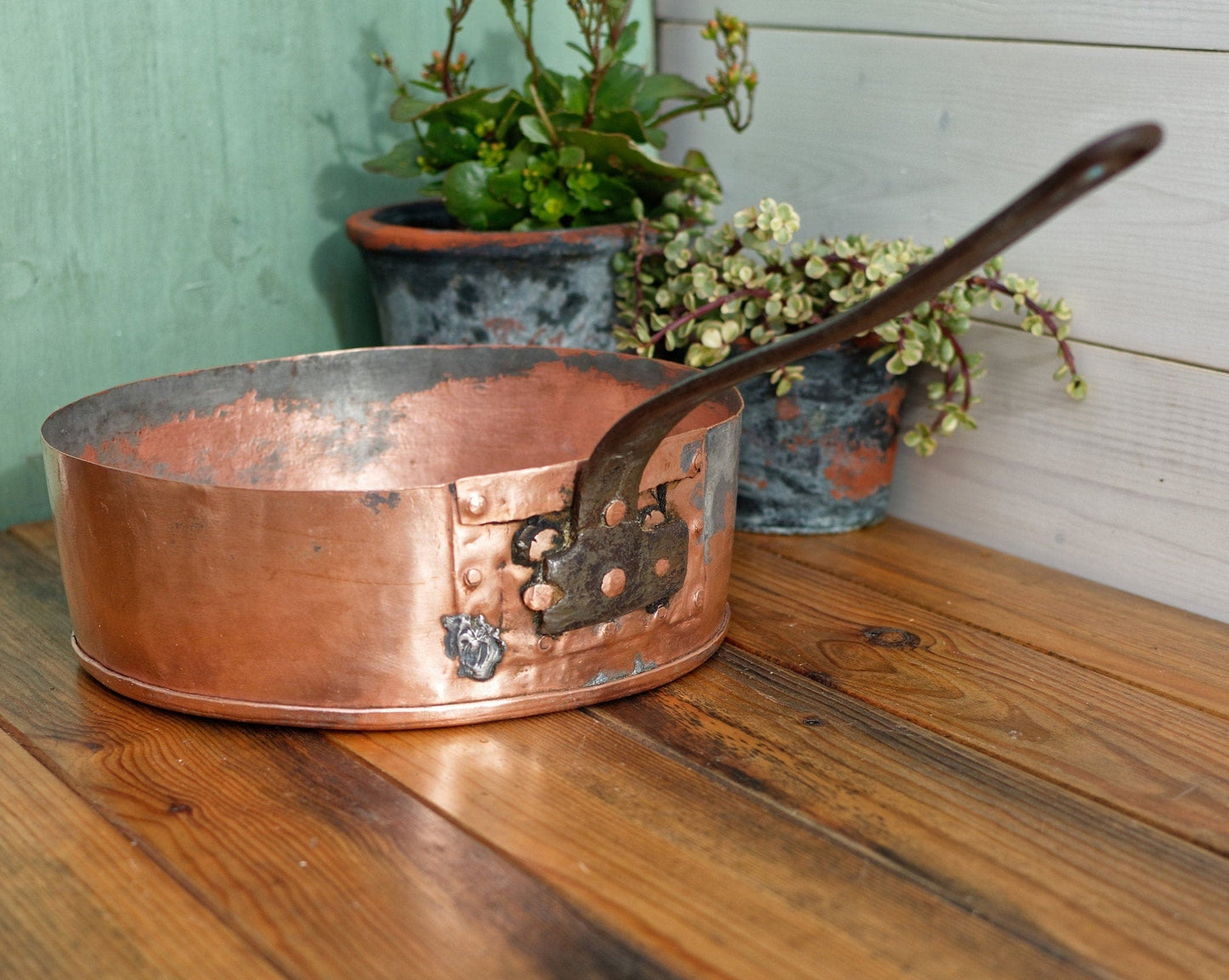 French Antique Handmade Collectible COPPER Roasting Saucepan Skillet Large Cast Iron Handle Riveted Pan