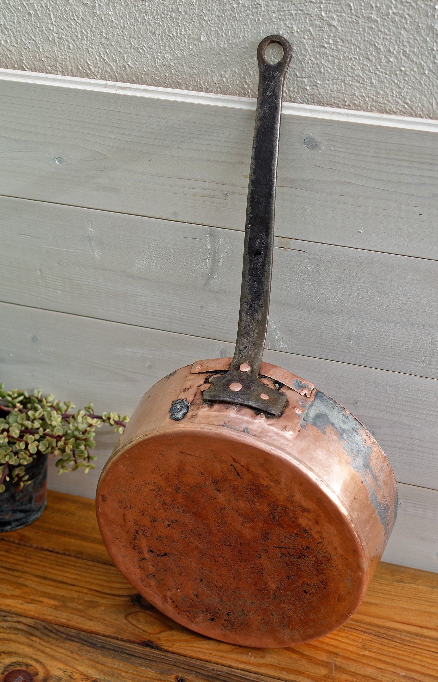 Antique top Primitive Copper Sauce 8” Pan Hand Wrought Iron Rat Handle Tin Lined