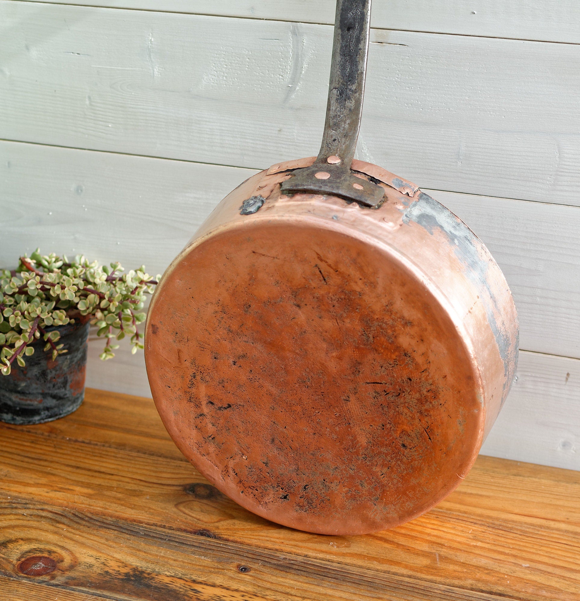 French Antique Handmade Collectible COPPER Roasting Saucepan Skillet Large Cast Iron Handle Riveted Pan