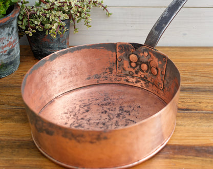 French Antique Handmade Collectible COPPER Roasting Saucepan Skillet Large Cast Iron Handle Riveted Pan