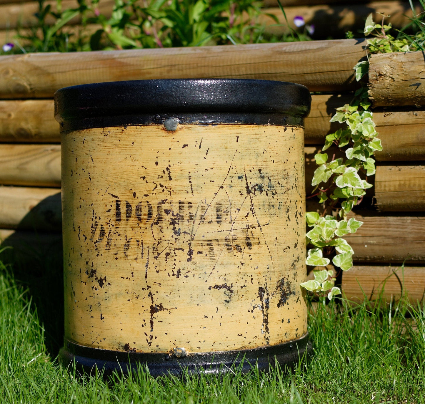 French Antique WOODEN Large Grain Measuring Bucket ~ Stamped "Double Decaliter" with Handle