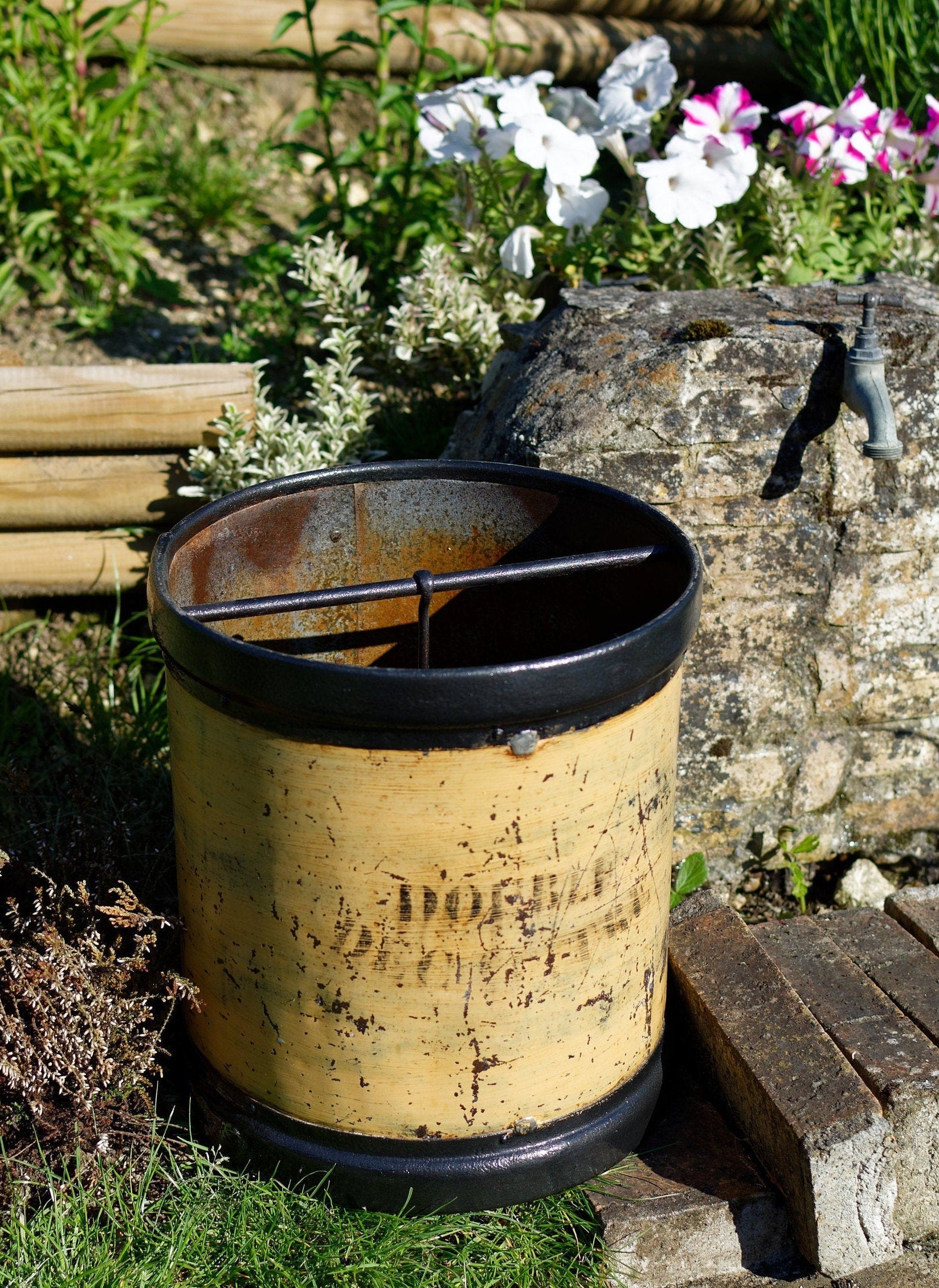 French Antique WOODEN Large Grain Measuring Bucket ~ Stamped "Double Decaliter" with Handle